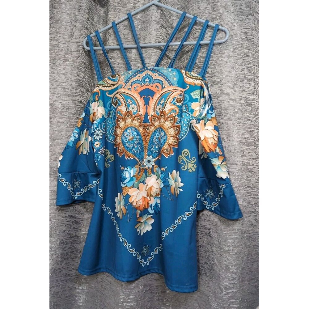 Women's Blue Floral‎ Off Shoulder Blouse Size Large